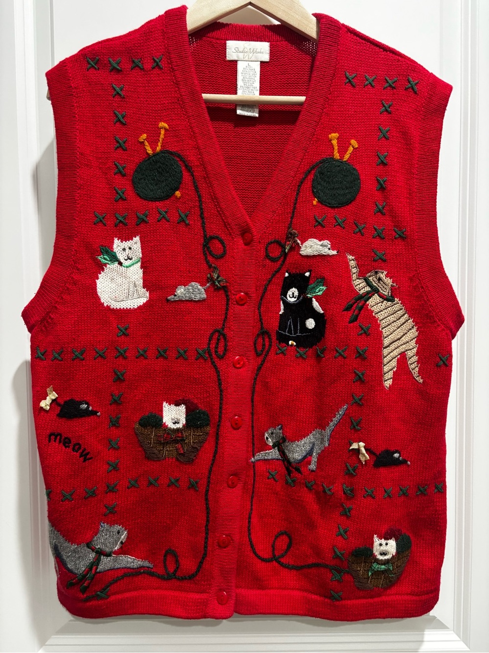 Vintage Studio Works Red Embroidered Cat Knit Vest